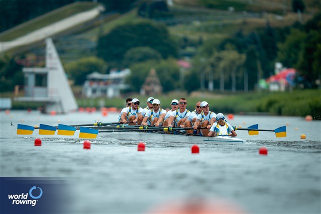 Maksym Boklazhenko (b), Mykola Mazur, Ivan Dovhodko, Olexandr Nadtoka, Dmytro Hula, Oleh Kravchenko, Sergii Gryn, Oleksii Selivanov (s), Anastasiia Kozyr (c), Men's Eight, Ukraine, 2024 World Rowing Cup III, Poznan, Poland © World Rowing / Benedict Tufnell