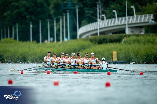 Benedict Eggeling (b), Frederik Breuer, Olaf Roggensack, Laurits Follert, Max John, Torben Johannesen, Wolf-Niclas Schroeder, Mattes Schoenherr (s), Jonas Wiesen (c), Men's Eight, Germany, 2024 World Rowing Cup III, Poznan, Poland © World Rowing / Benedict Tufnell