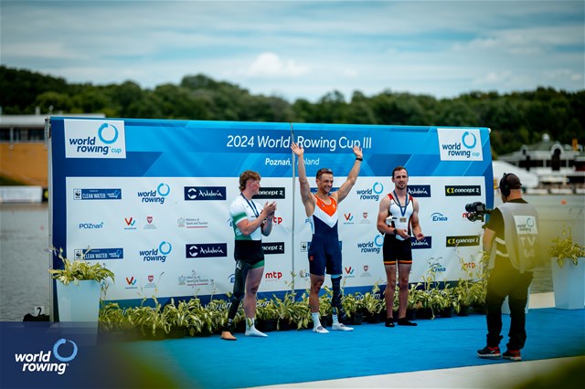 Cornelis De Koning, PR2 Men's Single Sculls, Netherlands, Gold, Tiarnan O'Donnell, Ireland, Silver, Paul Umbach, Germany, Bronze, 2024 World Rowing Cup III, Poznan, Poland © World Rowing / Benedict Tufnell