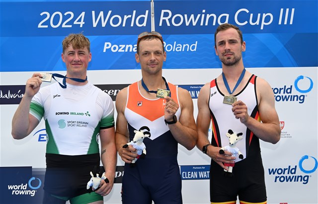 Cornelis De Koning, PR2 Men's Single Sculls, Netherlands, Gold, Tiarnan O'Donnell, Ireland, Silver, Paul Umbach, Germany, Bronze, 2024 World Rowing Cup III, Poznan, Poland © Detlev Seyb / MyRowingPhoto.com