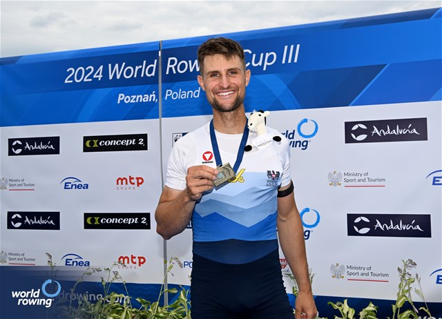 Lukas Reim, Lightweight Men's Single Sculls, Austria, Bronze, 2024 World Rowing Cup III, Poznan, Poland © Detlev Seyb / MyRowingPhoto.com