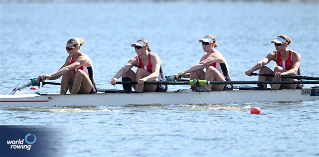 Astrid Steensberg (b), Frida Sanggaard Nielsen, Marie Skytte Hauberg Johannesen, Julie Poulsen (s), Women's Four, Denmark, 2024 World Rowing Cup III, Poznan, Poland © Detlev Seyb / MyRowingPhoto.com