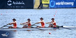 Xueying Guo (b), Siyi Wei, Yuehan Kong, Guoru Liang (s), Women's Four, People's Republic of China, 2024 World Rowing Cup III, Poznan, Poland © Maren Derlien / MyRowingPhoto.com