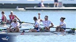 Maelys Dournaux (b), Hezekia Peron, Leontine Fouquet, Jeanne Sellier (s), Women's Four, France, 2024 World Rowing Cup III, Poznan, Poland © Detlev Seyb / MyRowingPhoto.com