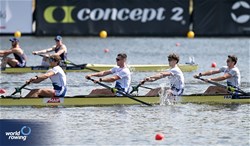Victor Marcelot (b), Alistair Gicqueau, Nikola Kolarevic, Armand Pfister (s), Men's Four, France, 2024 World Rowing Cup III, Poznan, Poland © Detlev Seyb / MyRowingPhoto.com