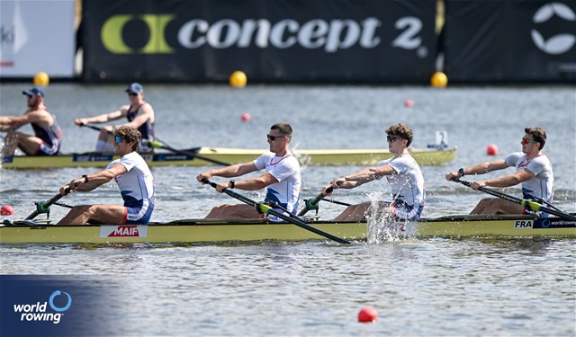 Victor Marcelot (b), Alistair Gicqueau, Nikola Kolarevic, Armand Pfister (s), Men's Four, France, 2024 World Rowing Cup III, Poznan, Poland © Detlev Seyb / MyRowingPhoto.com