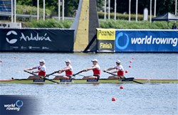 Joel Schuerch (b), Tim Roth, Patrick Brunner, Kai Schaetzle (s), Men's Four, Switzerland, 2024 World Rowing Cup III, Poznan, Poland © Maren Derlien / MyRowingPhoto.com