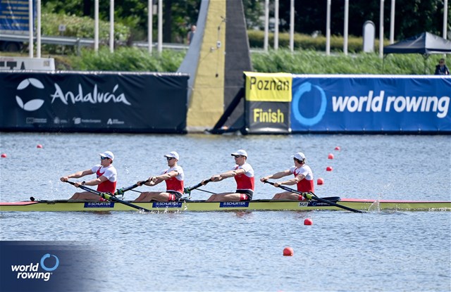 Joel Schuerch (b), Tim Roth, Patrick Brunner, Kai Schaetzle (s), Men's Four, Switzerland, 2024 World Rowing Cup III, Poznan, Poland © Maren Derlien / MyRowingPhoto.com