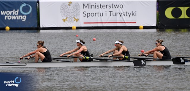 Jackie Gowler (b), Phoebe Spoors, Davina Waddy, Kerri Williams (s), Women's Four, New Zealand, 2024 World Rowing Cup III, Poznan, Poland © Detlev Seyb / MyRowingPhoto.com