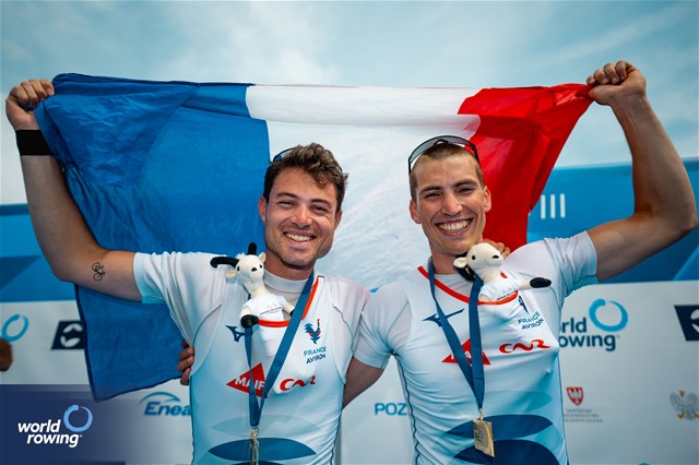 Hugo Beurey (b), Ferdinand Ludwig (s), Lightweight Men's Double Sculls, France, Gold, 2024 World Rowing Cup III, Poznan, Poland © World Rowing / Benedict Tufnell