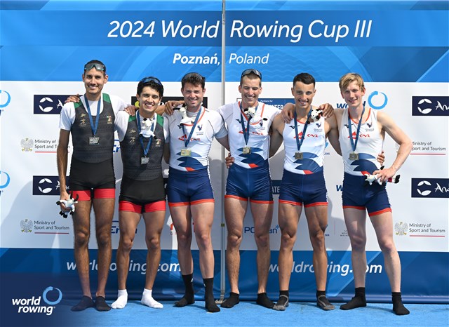Hugo Beurey (b), Ferdinand Ludwig (s), Lightweight Men's Double Sculls, France, Gold, Miguel Angel Carballo Nieto (b), Alexis Bladimir Lopez Garcia (s), Mexico, Silver, Antoine Lefebvre (b), Cornelus Palsma (s), France, Bronze, 2024 World Rowing Cup III, Poznan, Poland © Detlev Seyb / MyRowingPhoto.com