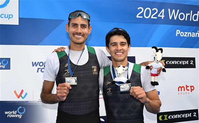 Miguel Angel Carballo Nieto (b), Alexis Bladimir Lopez Garcia (s), Lightweight Men's Double Sculls, Mexico, Silver, 2024 World Rowing Cup III, Poznan, Poland © Detlev Seyb / MyRowingPhoto.com