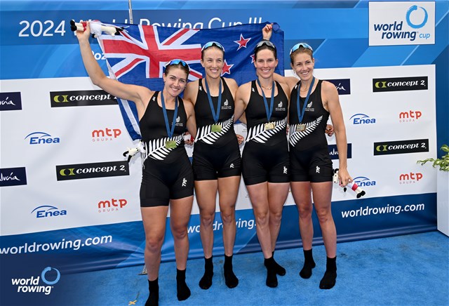 Jackie Gowler (b), Phoebe Spoors, Davina Waddy, Kerri Williams (s), Women's Four, New Zealand, Gold, 2024 World Rowing Cup III, Poznan, Poland © Detlev Seyb / MyRowingPhoto.com