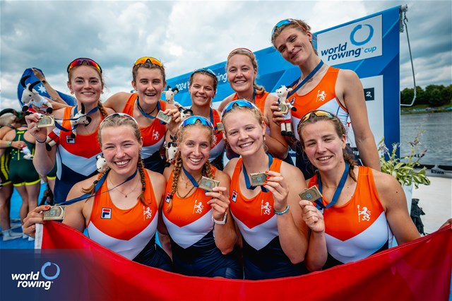 Margot Leeuwenburgh (b), Claire De Kok, Lisa Bruijnincx, Noortje Wilms, Maartje Damen, Lisanne Van Der Lelij, Vera Sneijders, Linn Van Aanholt (s), Sara Kalf (c), Women's Eight, Netherlands, Bronze, 2024 World Rowing Cup III, Poznan, Poland © World Rowing / Benedict Tufnell