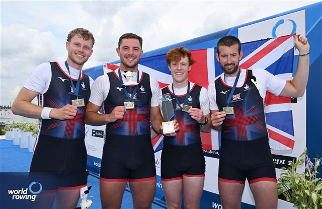 Matthew Rowe (b), Samuel Bannister, Daniel Graham, Douwe De Graaf (s), Men's Four, Great Britain, Bronze, 2024 World Rowing Cup III, Poznan, Poland © Detlev Seyb / MyRowingPhoto.com