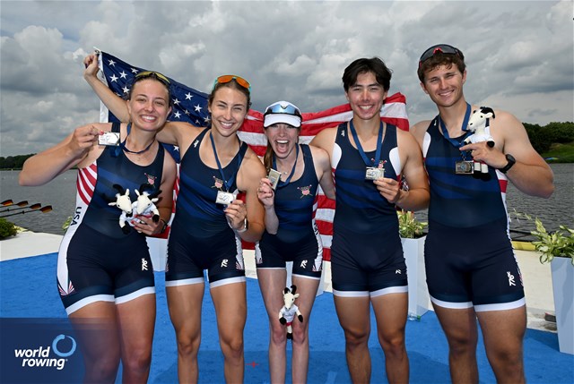 Gemma Wollenschlaeger (b), Skylar Dahl, Alex Flynn, Benjamin Washburne (s), Emelie Eldracher (c), PR3 Mixed Coxed Four , United States of America, Silver, 2024 World Rowing Cup III, Poznan, Poland © Detlev Seyb / MyRowingPhoto.com