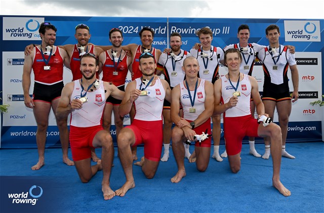 Dominik Czaja (b), Mateusz Biskup, Miroslaw Zietarski, Fabian Baranski (s), Men's Quadruple Sculls, Poland, Gold, Dominic Condrau (b), Jan Jonah Plock, Scott Baerlocher, Maurin Lange (s), Switzerland, Silver, Paul Berghoff (b), Alexander Finger, Felix Heinrich, Paul Krueger (s), Germany, Bronze, 2024 World Rowing Cup III, Poznan, Poland © Detlev Seyb / MyRowingPhoto.com