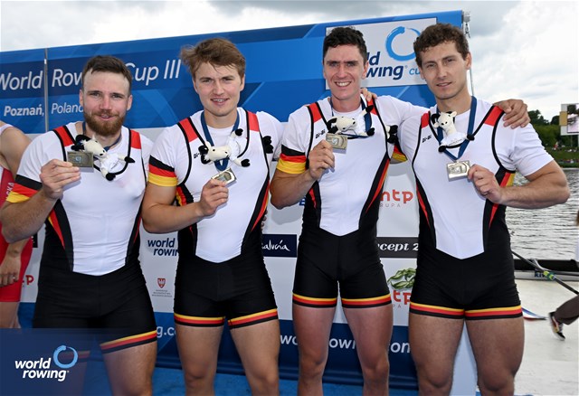 Paul Berghoff (b), Alexander Finger, Felix Heinrich, Paul Krueger (s), Men's Quadruple Sculls, Germany, Bronze, 2024 World Rowing Cup III, Poznan, Poland © Detlev Seyb / MyRowingPhoto.com