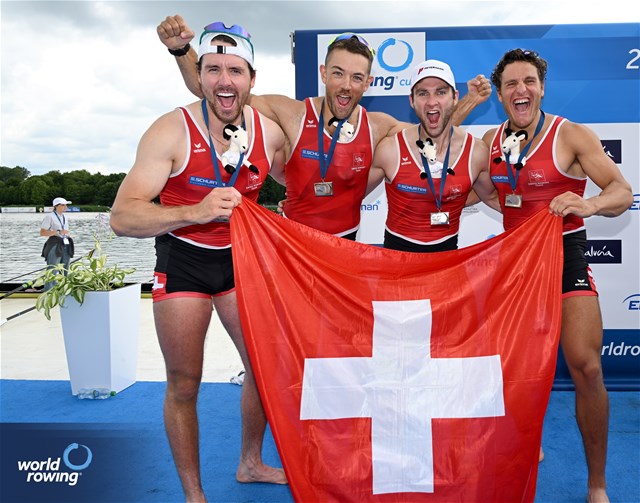 Dominic Condrau (b), Jan Jonah Plock, Scott Baerlocher, Maurin Lange (s), Men's Quadruple Sculls, Switzerland, Silver, 2024 World Rowing Cup III, Poznan, Poland © Detlev Seyb / MyRowingPhoto.com