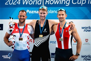 Thomas Mackintosh, Men's Single Sculls, New Zealand, Gold, Damir Martin, Croatia, Silver, Sverri Nielsen, Denmark, Bronze, 2024 World Rowing Cup III, Poznan, Poland © World Rowing / Benedict Tufnell