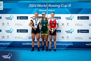 Tara Rigney, Women's Single Sculls, Australia, Gold, Juliane Faralisch, Germany, Silver, Aurelia-Maxima Katharina Janzen, Switzerland, Bronze, 2024 World Rowing Cup III, Poznan, Poland © World Rowing / Benedict Tufnell