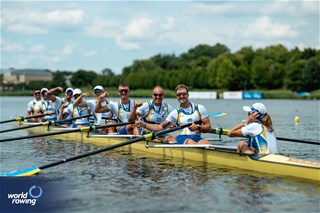 Maksym Boklazhenko (b), Mykola Mazur, Ivan Dovhodko, Olexandr Nadtoka, Dmytro Hula, Oleh Kravchenko, Sergii Gryn, Oleksii Selivanov (s), Anastasiia Kozyr (c), Men's Eight, Ukraine, Bronze, 2024 World Rowing Cup III, Poznan, Poland © World Rowing / Benedict Tufnell