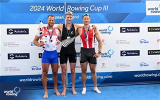 Thomas Mackintosh, Men's Single Sculls, New Zealand, Gold, Damir Martin, Croatia, Silver, Sverri Nielsen, Denmark, Bronze, 2024 World Rowing Cup III, Poznan, Poland © Detlev Seyb / MyRowingPhoto.com