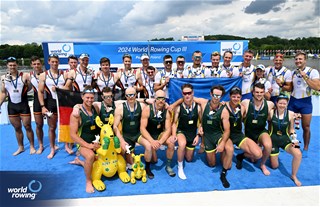 Benjamin Canham (b), Joshua Hicks, Spencer Turrin, Angus Widdicombe, Jack Hargreaves, Alexander Purnell, Angus Dawson, Jack O'Brien (s), Kendall Brodie (c), Men's Eight, Australia, Gold, Benedict Eggeling (b), Frederik Breuer, Olaf Roggensack, Laurits Follert, Max John, Torben Johannesen, Wolf-Niclas Schroeder, Mattes Schoenherr (s), Jonas Wiesen (c), Germany, Silver, Maksym Boklazhenko (b), Mykola Mazur, Ivan Dovhodko, Olexandr Nadtoka, Dmytro Hula, Oleh Kravchenko, Sergii Gryn, Oleksii Selivanov (s), Anastasiia Kozyr (c), Ukraine, Bronze, 2024 World Rowing Cup III, Poznan, Poland © Detlev Seyb / MyRowingPhoto.com