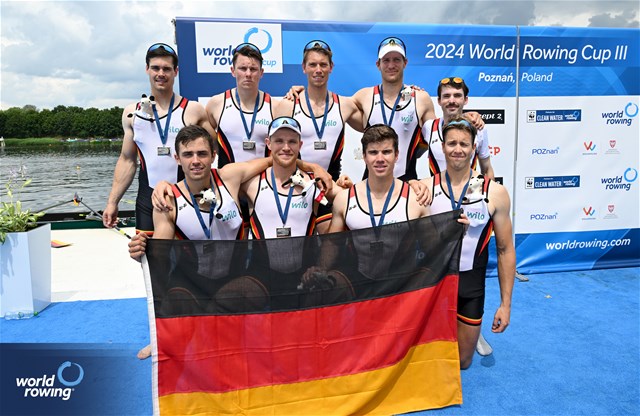 Benedict Eggeling (b), Frederik Breuer, Olaf Roggensack, Laurits Follert, Max John, Torben Johannesen, Wolf-Niclas Schroeder, Mattes Schoenherr (s), Jonas Wiesen (c), Men's Eight, Germany, Silver, 2024 World Rowing Cup III, Poznan, Poland © Detlev Seyb / MyRowingPhoto.com