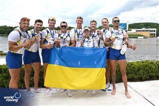 Maksym Boklazhenko (b), Mykola Mazur, Ivan Dovhodko, Olexandr Nadtoka, Dmytro Hula, Oleh Kravchenko, Sergii Gryn, Oleksii Selivanov (s), Anastasiia Kozyr (c), Men's Eight, Ukraine, Bronze, 2024 World Rowing Cup III, Poznan, Poland © Detlev Seyb / MyRowingPhoto.com