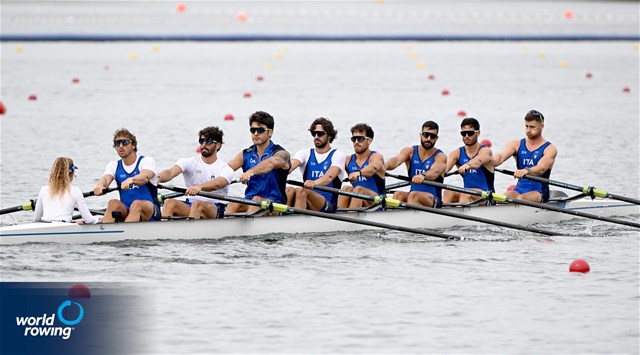 Matteo Della Valle (b), Jacopo Frigerio, Emanuele Gaetani Liseo, Salvatore Monfrecola, Davide Verita', Gennaro Alberto Di Mauro, Leonardo Pietra Caprina, Vincenzo Abbagnale (s), Alessandra Faella (c), Men's Eight, Italy, 2024 Olympic Games Rowing Regatta, Paris, France / © World Rowing / Detlev Seyb