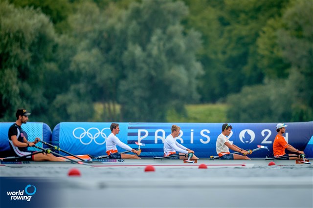 Guus Mollee (b), Nelson Ritsema, Eli Brouwer, Rik Rienks (s), Men's Four, Netherlands, 2024 Olympic Games Rowing Regatta, Paris, France © World Rowing / Benedict Tufnell