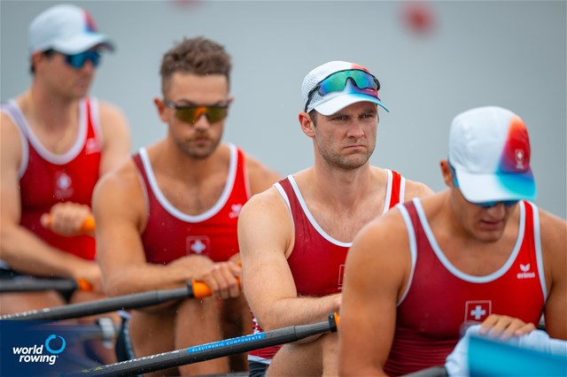 Dominic Condrau (b), Jonah Plock, Scott Baerlocher, Maurin Lange (s), Men's Quadruple Sculls, Switzerland, 2024 Olympic Games Rowing Regatta, Paris, France © World Rowing / Benedict Tufnell
