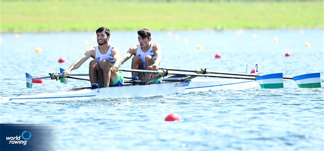 Shakhzod Nurmatov (b), Sobirjon Safaroliyev (s), Lightweight Men's Double Sculls, Uzbekistan, 2024 Olympic Games Rowing Regatta, Paris, France / © World Rowing / Detlev Seyb