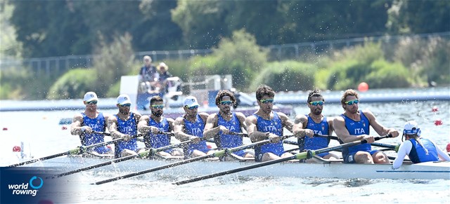 Matteo Della Valle (b), Jacopo Frigerio, Emanuele Gaetani Liseo, Salvatore Monfrecola, Davide Verita', Gennaro Alberto Di Mauro, Leonardo Pietra Caprina, Vincenzo Abbagnale (s), Alessandra Faella (c), Men's Eight, Italy, 2024 Olympic Games Rowing Regatta, Paris, France / © World Rowing / Detlev Seyb