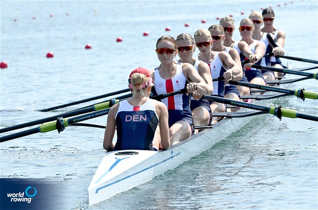 Nanna Vigild (b), Karen Mortensen, Clara Hornnaess, Sara Maria Johansen, Frida Werner Foldager, Caroline Munch, Sofie Vikkelsoee, Nikoline Laidlaw (s), Sophie Oestergaard (c), Women's Eight, Denmark, 2024 Olympic Games Rowing Regatta, Paris, France / © World Rowing / Detlev Seyb