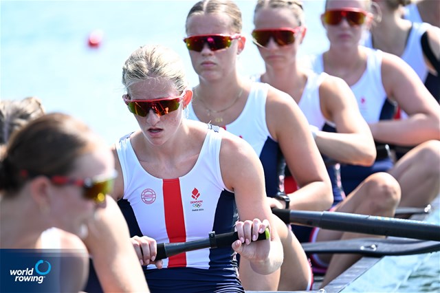 Nanna Vigild (b), Karen Mortensen, Clara Hornnaess, Sara Maria Johansen, Frida Werner Foldager, Caroline Munch, Sofie Vikkelsoee, Nikoline Laidlaw (s), Sophie Oestergaard (c), Women's Eight, Denmark, 2024 Olympic Games Rowing Regatta, Paris, France / © World Rowing / Detlev Seyb