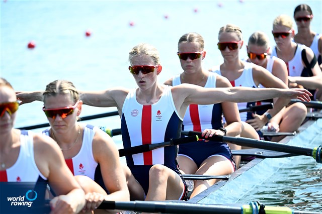 Nanna Vigild (b), Karen Mortensen, Clara Hornnaess, Sara Maria Johansen, Frida Werner Foldager, Caroline Munch, Sofie Vikkelsoee, Nikoline Laidlaw (s), Sophie Oestergaard (c), Women's Eight, Denmark, 2024 Olympic Games Rowing Regatta, Paris, France / © World Rowing / Detlev Seyb