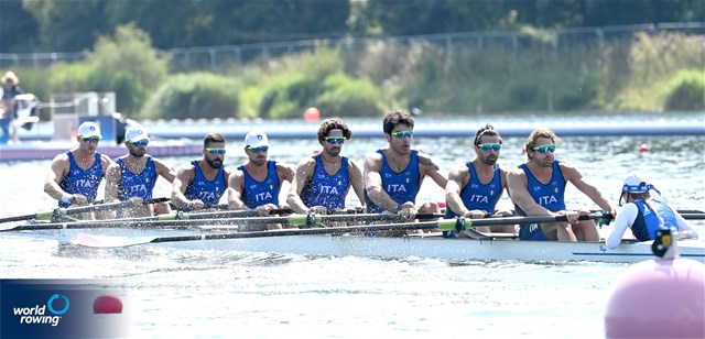 Matteo Della Valle (b), Jacopo Frigerio, Emanuele Gaetani Liseo, Salvatore Monfrecola, Davide Verita', Gennaro Alberto Di Mauro, Leonardo Pietra Caprina, Vincenzo Abbagnale (s), Alessandra Faella (c), Men's Eight, Italy, 2024 Olympic Games Rowing Regatta, Paris, France / © World Rowing / Detlev Seyb