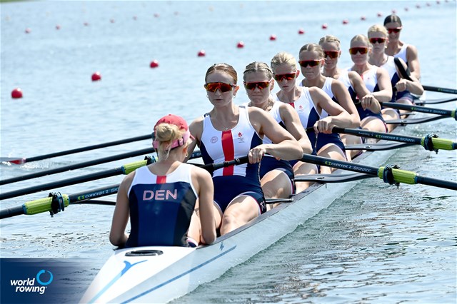 Nanna Vigild (b), Karen Mortensen, Clara Hornnaess, Sara Maria Johansen, Frida Werner Foldager, Caroline Munch, Sofie Vikkelsoee, Nikoline Laidlaw (s), Sophie Oestergaard (c), Women's Eight, Denmark, 2024 Olympic Games Rowing Regatta, Paris, France / © World Rowing / Detlev Seyb