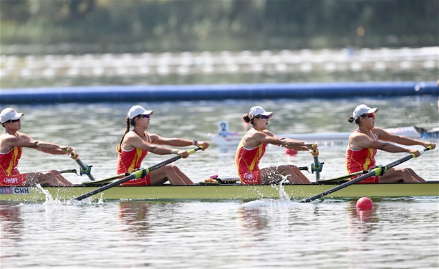 Shuxian Zhang (b), Xiaoxin Liu, Zifeng Wang, Xingye Xu (s), Women's Four, People's Republic of China, 2024 Olympic Games Rowing Regatta, Paris, France / © World Rowing / Detlev Seyb