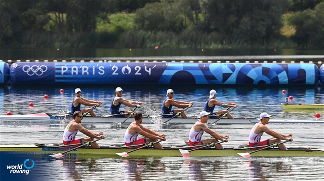 Dominik Czaja (b), Mateusz Biskup, Miroslaw Zietarski, Fabian Baranski (s), Men's Quadruple Sculls, Poland, 2024 Olympic Games Rowing Regatta, Paris, France &#169; World Rowing / Detlev Seyb