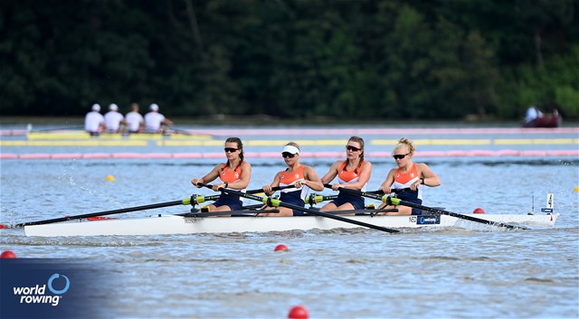 Jente Jongsma (b), Marg Van Der Wal, Minou Bouman, Phaedra Van Der Molen (s), Under 23 Women's Four, Netherlands, 2024 World Rowing Senior, Under 23 & Under 19 Championships, St Catharines, Canada / © Detlev Seyb / MyRowingPhoto.com