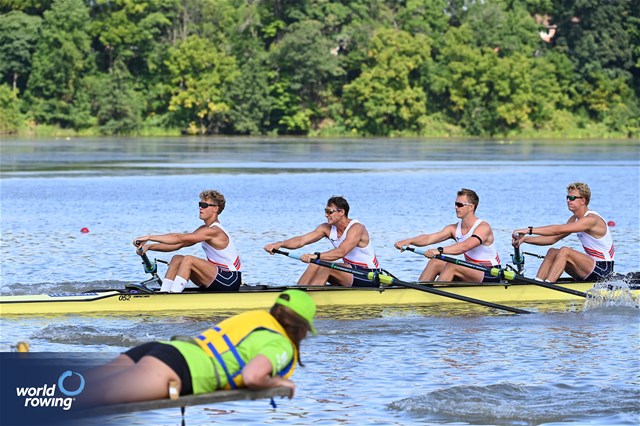 Syvert Senumstad (b), Ulrik Pharo Lohne, Jonathan Wang-Norderud, Marius Bjoern-Hansen Ahlsand (s), Under 23 Men's Four, Norway, 2024 World Rowing Senior, Under 23 &amp; Under 19 Championships, St Catharines, Canada / &#169; Maren Derlien / MyRowingPhoto.com