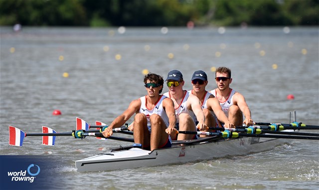 Martin Bauer (b), Samuel Arque, Jules Cresson, Alric Rodrigue (s), Under 23 Men's Quadruple Sculls, France, 2024 World Rowing Senior, Under 23 & Under 19 Championships, St Catharines, Canada / © Detlev Seyb / MyRowingPhoto.com