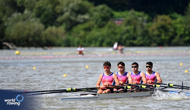Bastian Lopez (b), Nahuel Reyes Zenteno, Brahim Alvayay Lazcani, Andoni Habash Bajas (s), Under 23 Men's Quadruple Sculls, Chile, 2024 World Rowing Senior, Under 23 & Under 19 Championships, St Catharines, Canada / © Detlev Seyb / MyRowingPhoto.com