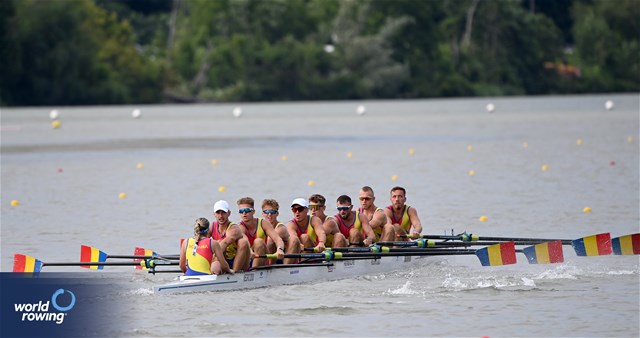 Constantin Emanuele Sterea (b), Andrei Hemen, Costi-Daniel Neagoe, Sergiu Anfimov, Sebastian Timis, Eduard Angel Moldovan, Andrei Mandrila, Claudiu Neamtu (s), Maria-Antonia Iancu (c), Under 23 Men's Eight, Romania, 2024 World Rowing Senior, Under 23 & Under 19 Championships, St Catharines, Canada / © Detlev Seyb / MyRowingPhoto.com