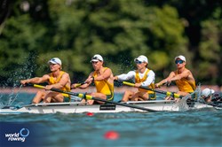 Miles Harrold (b), Alec Hoskin, Darcy Watter, Bradley Graham (s), Teresa Harris (c), Under 23 Men's Coxed Four, Australia, 2024 World Rowing Senior, Under 23 & Under 19 Championships, St Catharines, Canada / © World Rowing / Benedict Tufnell
