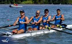 Giuseppe Bellomo (b), Matteo Belgeri, Andrea Licatalosi, Simone Pappalepore (s), Filippo Wiesenfeld (c), Under 23 Men's Coxed Four, Italy, 2024 World Rowing Senior, Under 23 & Under 19 Championships, St Catharines, Canada / © Maren Derlien / MyRowingPhoto.com