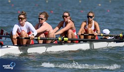 Kristina Harris (b), Ella Mckinley, Aurelia Elliott, Madeson Scott (s), Serafina Dell (c), Under 23 Women's Coxed Four, Canada, 2024 World Rowing Senior, Under 23 & Under 19 Championships, St Catharines, Canada / © Detlev Seyb / MyRowingPhoto.com